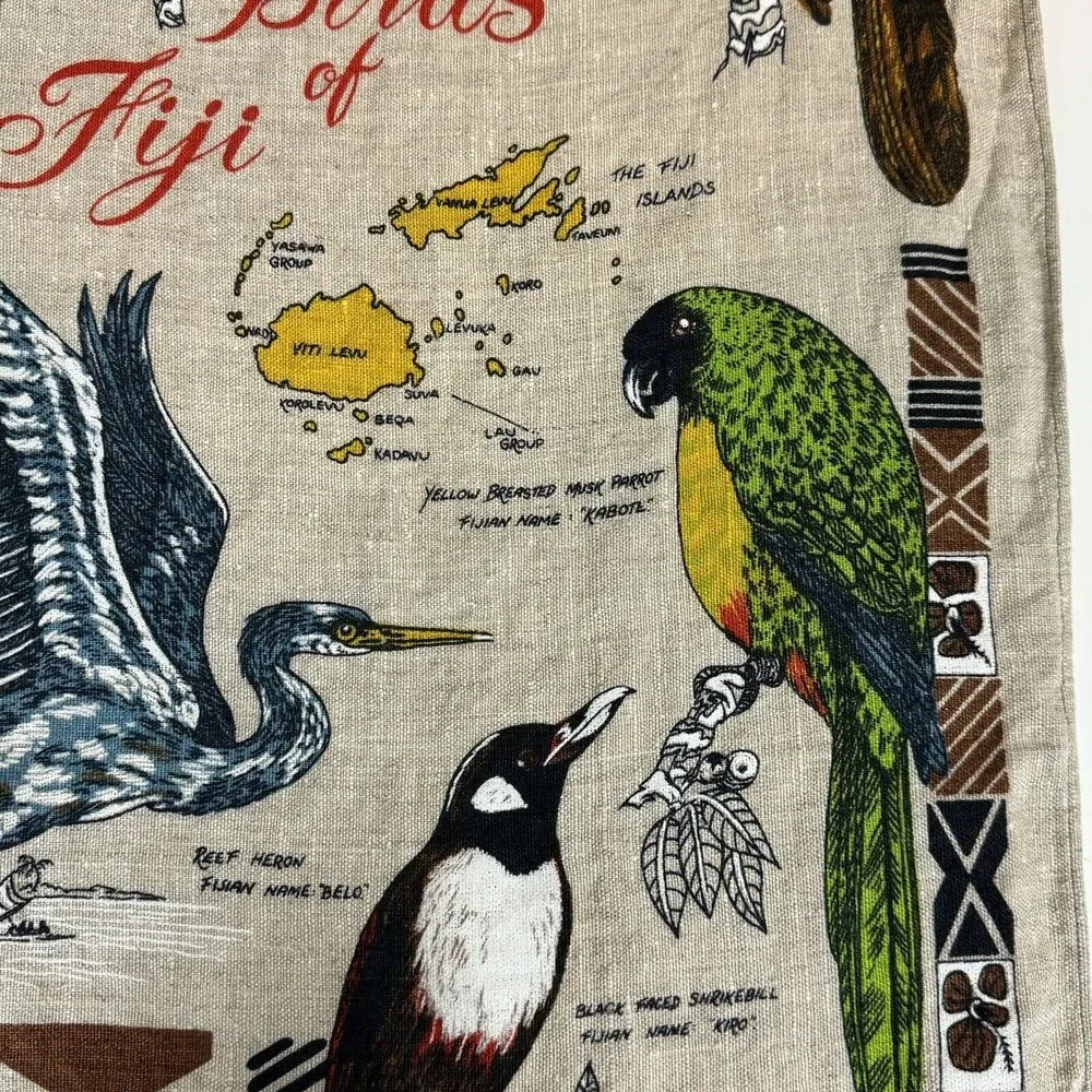 Vintage Linen Birds Of Fiji Travel Souvenir Tea Towel